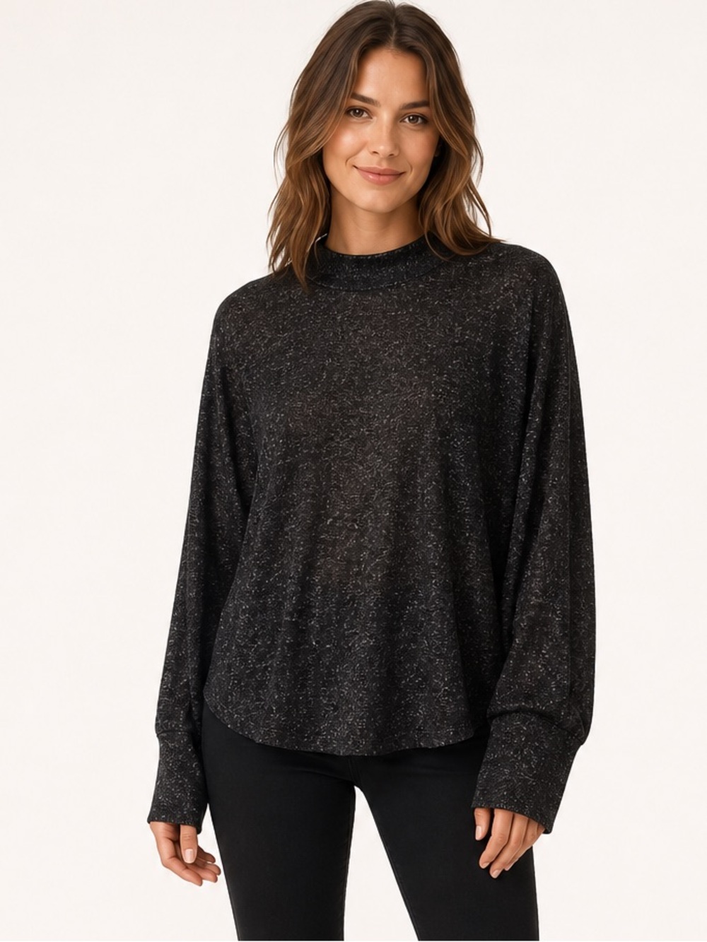 Lainy Cozy Dolman Sleeve Mock Neck Top Black Silver Mix XL NWT Secret Charm